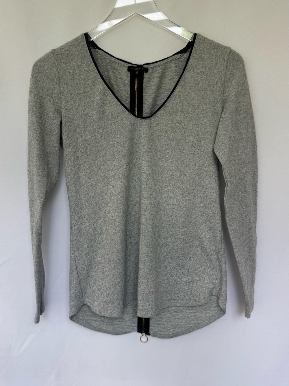 Dynamite Gray Long-Sleeve V-Neck Top with Back Zip Detail